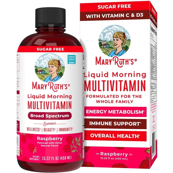 MaryRuth Liquid Morning Multivitamin, Raspberry, 15.22 fl oz, Vegan, Adults and Kids General Health and Wellness