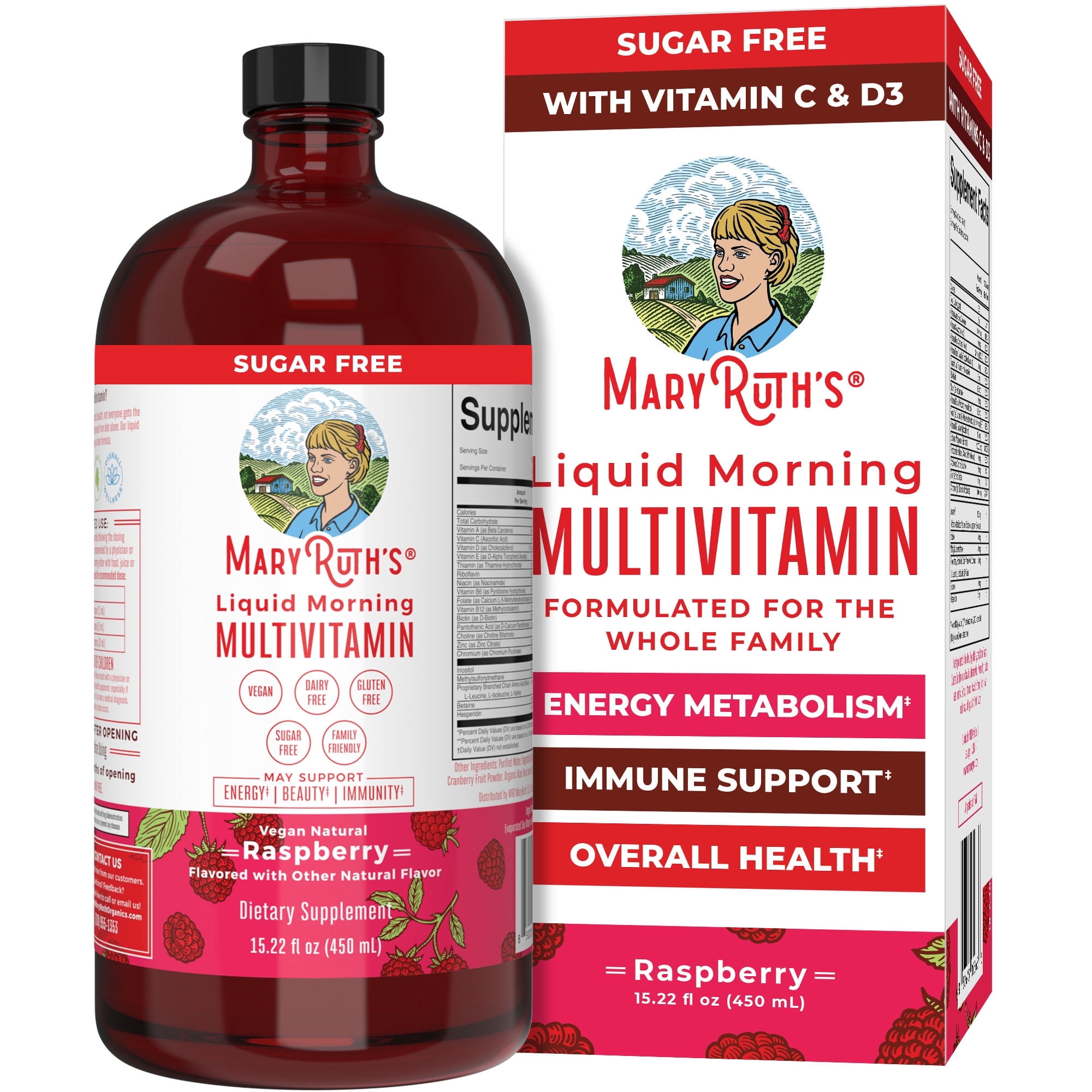 MaryRuth Organics Liquid Morning Multivitamin, Vegan, Adults and Kids General Health and Wellness, Raspberry, 15.22 fl oz