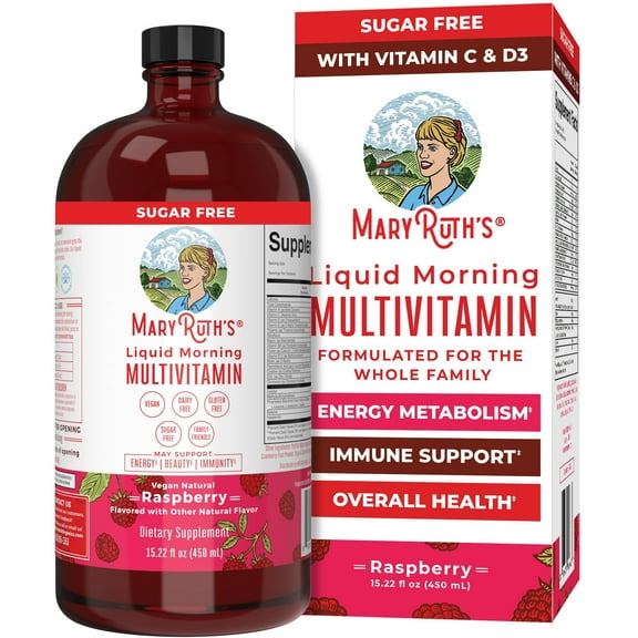 MaryRuth Organics Liquid Morning Multivitamin, Vegan, Adults and Kids General Health and Wellness, Raspberry, 15.22 fl oz