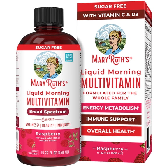MaryRuth Liquid Morning Multivitamin, Raspberry, 15.22 fl oz, Vegan, Adults and Kids General Health and Wellness