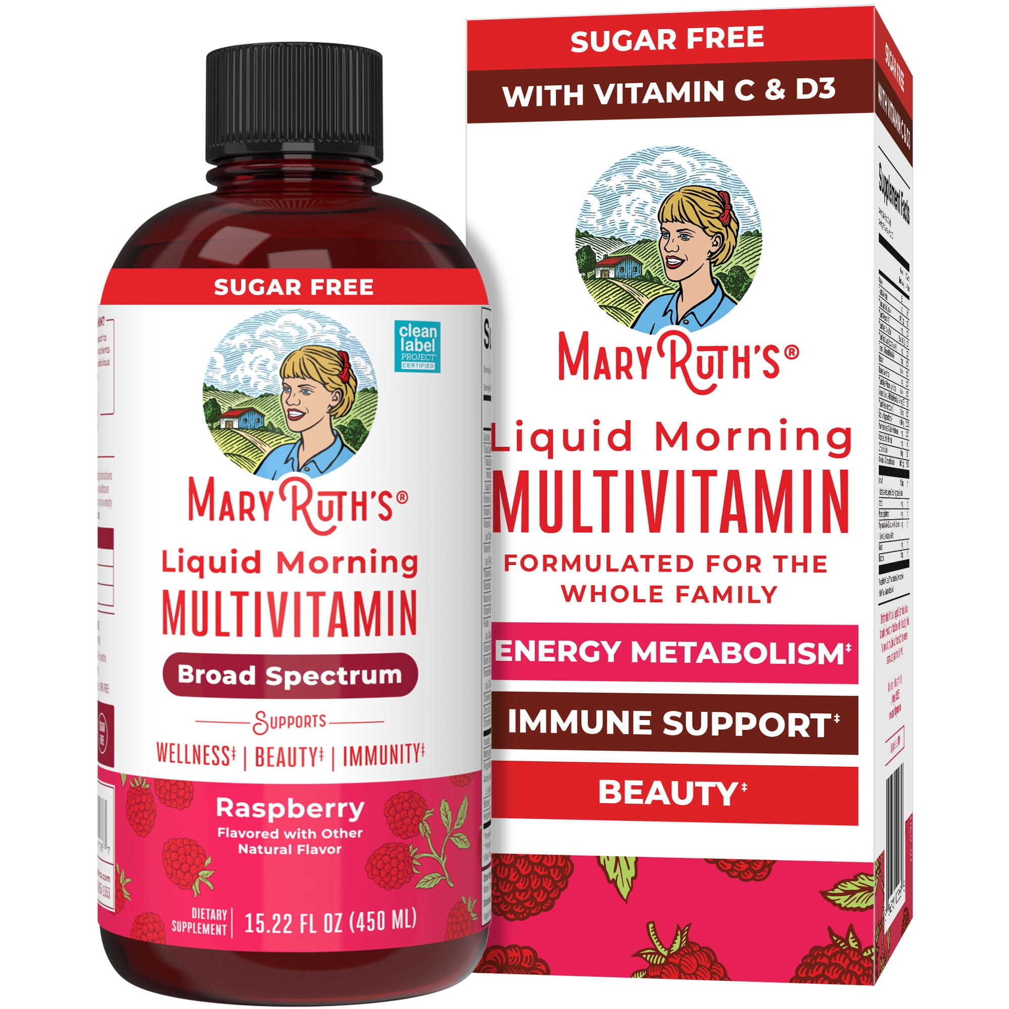 MaryRuth's Liquid Morning Multivitamin, Adults and Kids, General Health and Wellness, Immune Support, Overall Health, Vegan, Raspberry, 15.22 fl oz