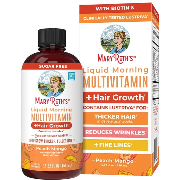 MaryRuth's Liquid Multivitamin + Hair Growth | Biotin 10000mcg | Lustriva Hair Growth Supplement | Clinically Tested in Women for Thicker Hair & Facial Wrinkles | Skin Care | Ages 18+ | 15.22 Fl Oz