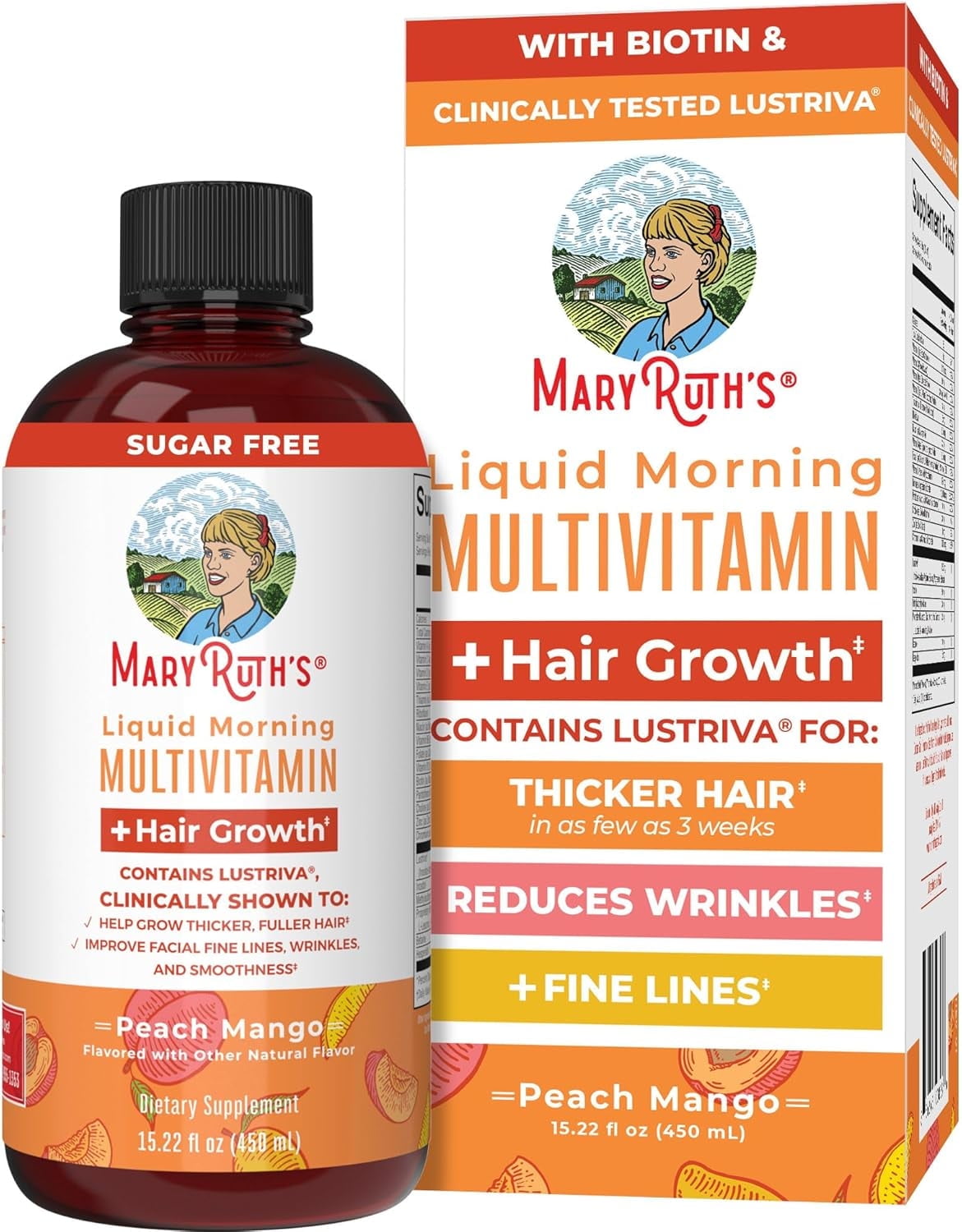 MaryRuth Organics Liquid Multivitamin + Lustriva Hair Growth, Biotin 10000mcg, Clinically Tested Women for Thicker Hair & Facial Wrinkles, 15.22 fl oz