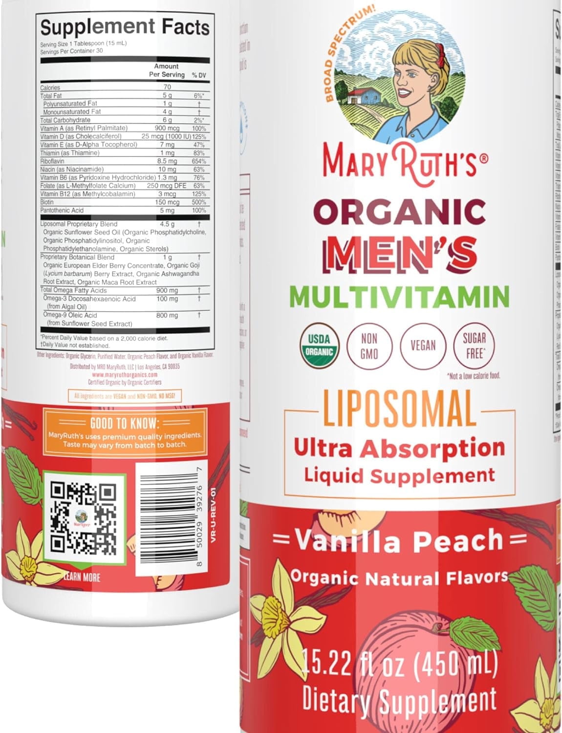 MaryRuth Organics Multivitamin Liposomal for Energy, Immunity, Metabolism Support, Vanilla Peach, 15.22 oz
