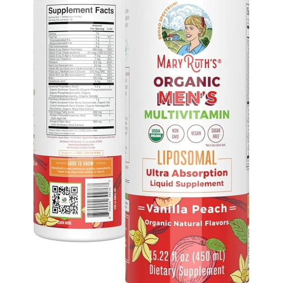 MaryRuth Organics Men's Multivitamin Liposomal for Energy, Immunity, Metabolism Support, Vanilla Peach, 15.22 oz