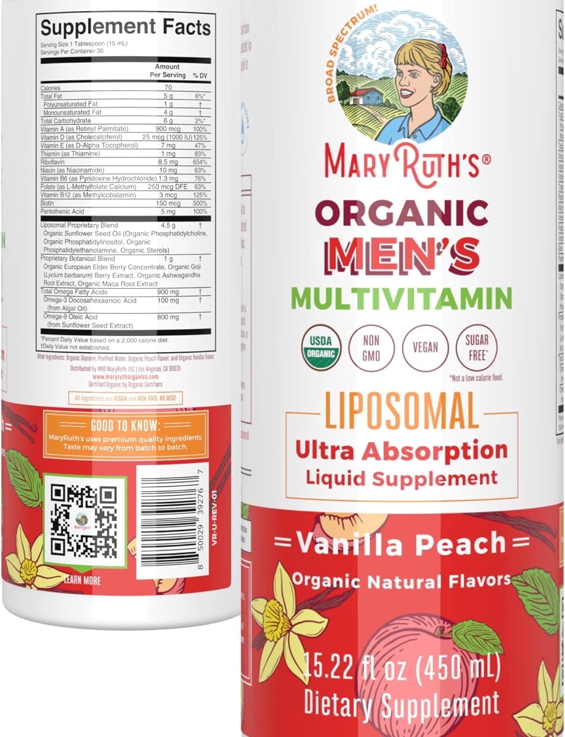 MaryRuth's USDA Organic Men's Multivitamin Liposomal for Energy Support, Immunity, Metabolism, Overall Health, Vanilla Peach Flavor, 15.22 fl oz