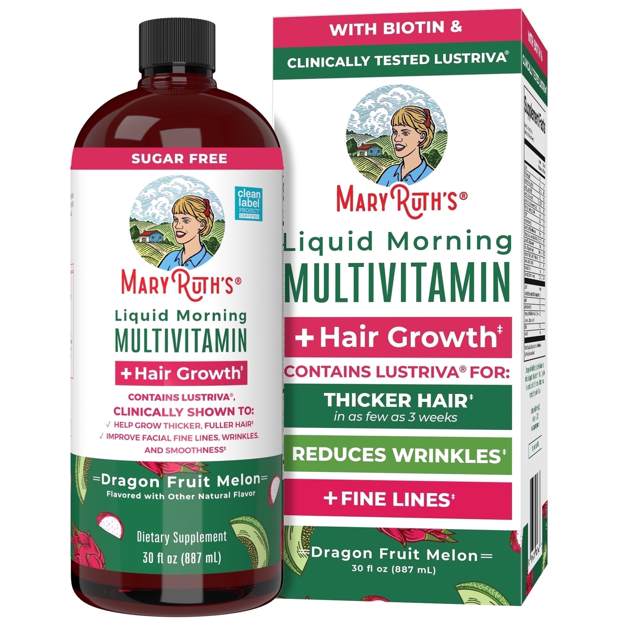 MaryRuth's Liquid Multivitamin + Lustriva Hair Growth Thickness in Women's hair Biotin 10000mcg Vitamin D B Vitamins Ages 18+ Dragonfruit Melon 30 fl oz