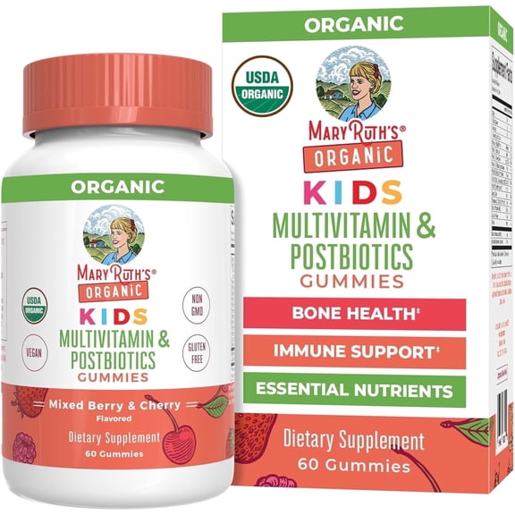 MaryRuth's Kids Multivitamin + Postbiotic Gummies Ages 4+, Bone Health, Immune Support, Vegan, Gluten-Free, Dairy-Free, Mixed Berry & Cherry, 60 Count