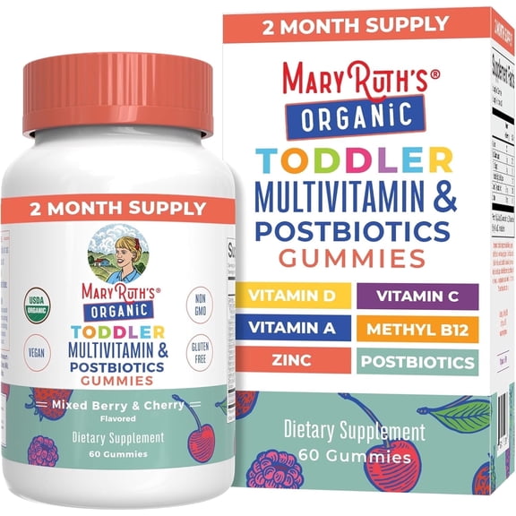 MaryRuth's Toddler Multivitamin Gummies & Postbiotics Ages 2-3 USDA Organic Immune Support Overall Health Vegan Non-GMO Mixed Berry & Cherry 60 Count