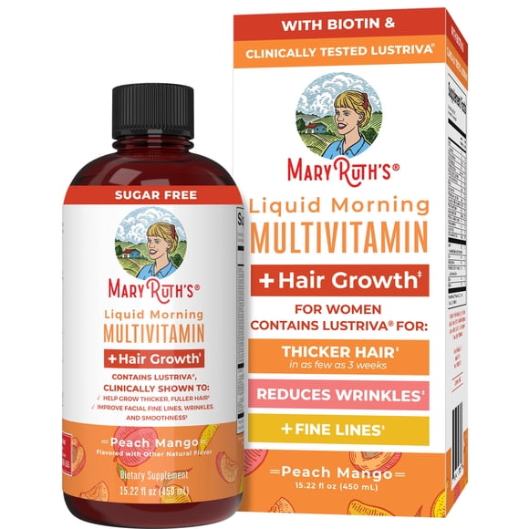 MaryRuth's Liquid Multivitamin + Lustriva® Hair Growth | Biotin 10000mcg | Vitamin D | B Vitamins | Clinically Tested for Thicker Hair, Wrinkles, Fine Lines, Skin Care | Ages 18+ | 15 Fl Oz