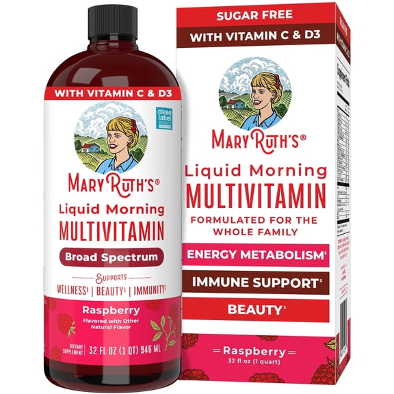 MaryRuth's Morning Multivitamin Liquid, Raspberry Flavor, Vegan, Non-GMO, Unisex, with Vitamins C and D, 1 Count, 32 fl oz
