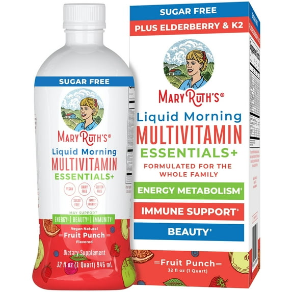 MaryRuth's Liquid Morning Multivitamin + Essentials, Elderberry Immunity Support, Vitamins A C D E, Fruit Punch,32 Fl Oz
