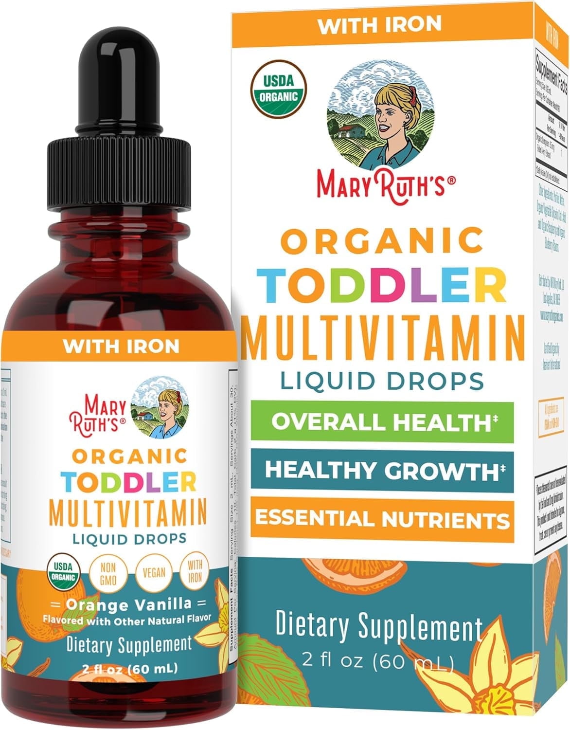 MaryRuth's Organic Toddler Multivitamin Liquid Drops with Iron Orange Vanilla Vegan, Non-GMO 2 fl oz / 60 ml Overall Wellness