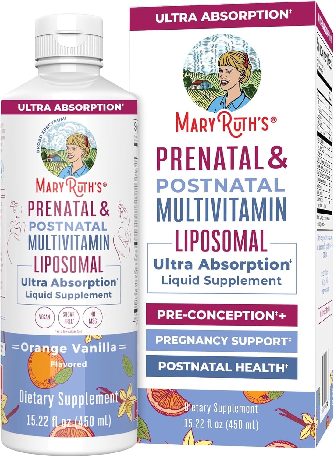 MaryRuth's Prenatal & Postnatal Liposomal Multivitamin for Women Orange Vanilla Vegan, Non-GMO 15.22oz / 450ml