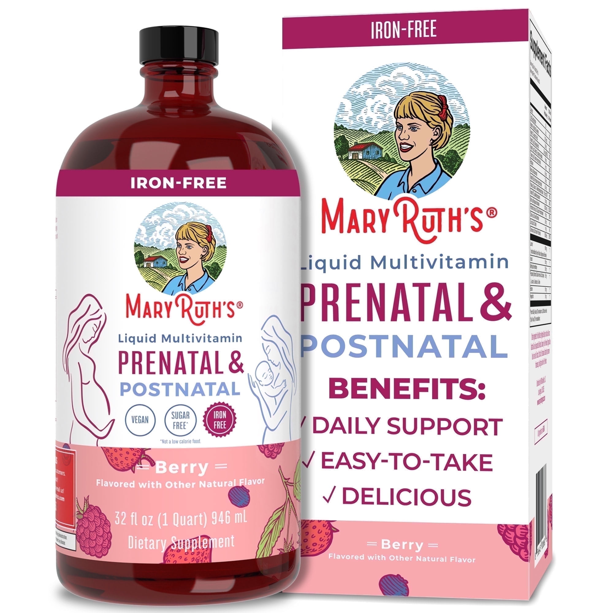 MaryRuth's Prenatal & Postnatal Liquid Multivitamin Pregnant & Lactating Women Multivitamins Berry Flavor Vegan, Non-GMO 32 fl oz