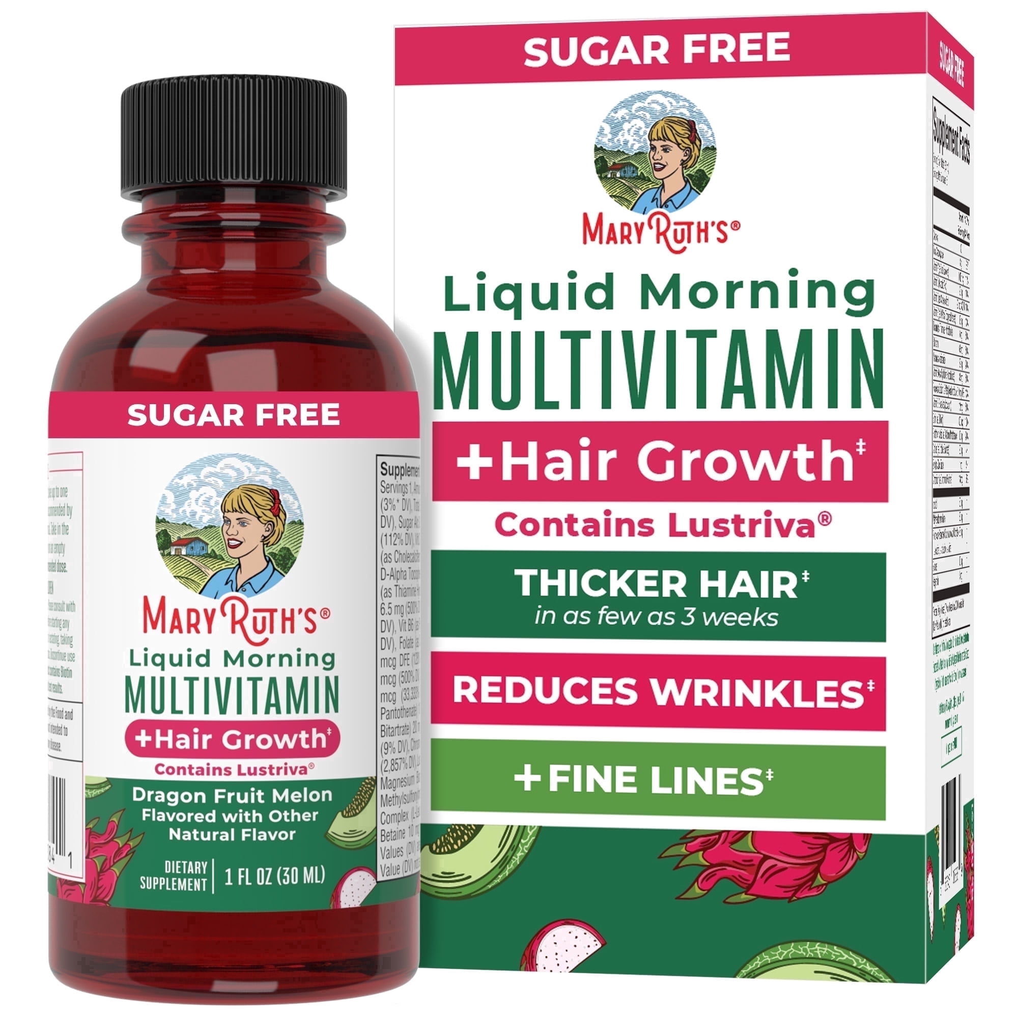 MaryRuth's Liquid Morning Multivitamin + Hair Growth Travel Pack with Lustriva for Thicker Hair, Reduced Wrinkles, Adults Ages 18+, 8-pack, 1 fl oz