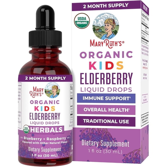 MaryRuth's Kids USDA Organic Elderberry Liquid Drops, Herbal Supplement, Blueberry Raspberry Flavor, Vegan, Sugar-Free, Unisex, Ages 4+, 1 fl oz