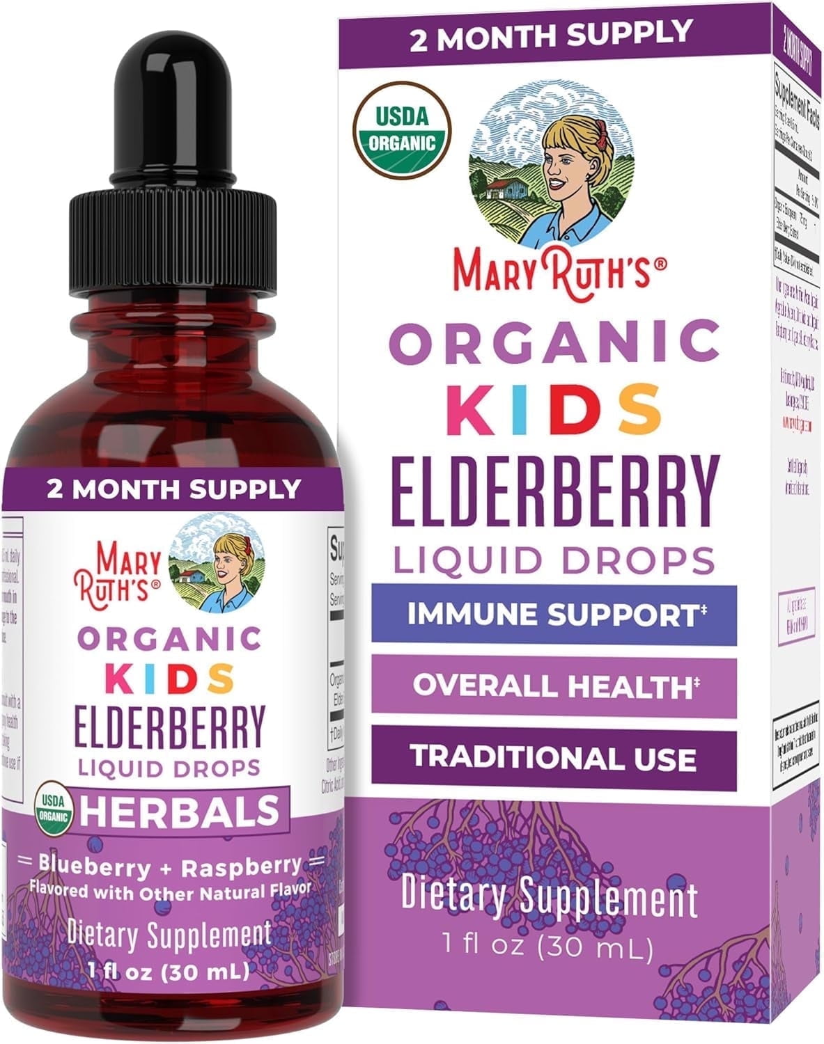 MaryRuth Organics USDA Organic Elderberry Liquid Drops, 1 fl oz (30 mL)