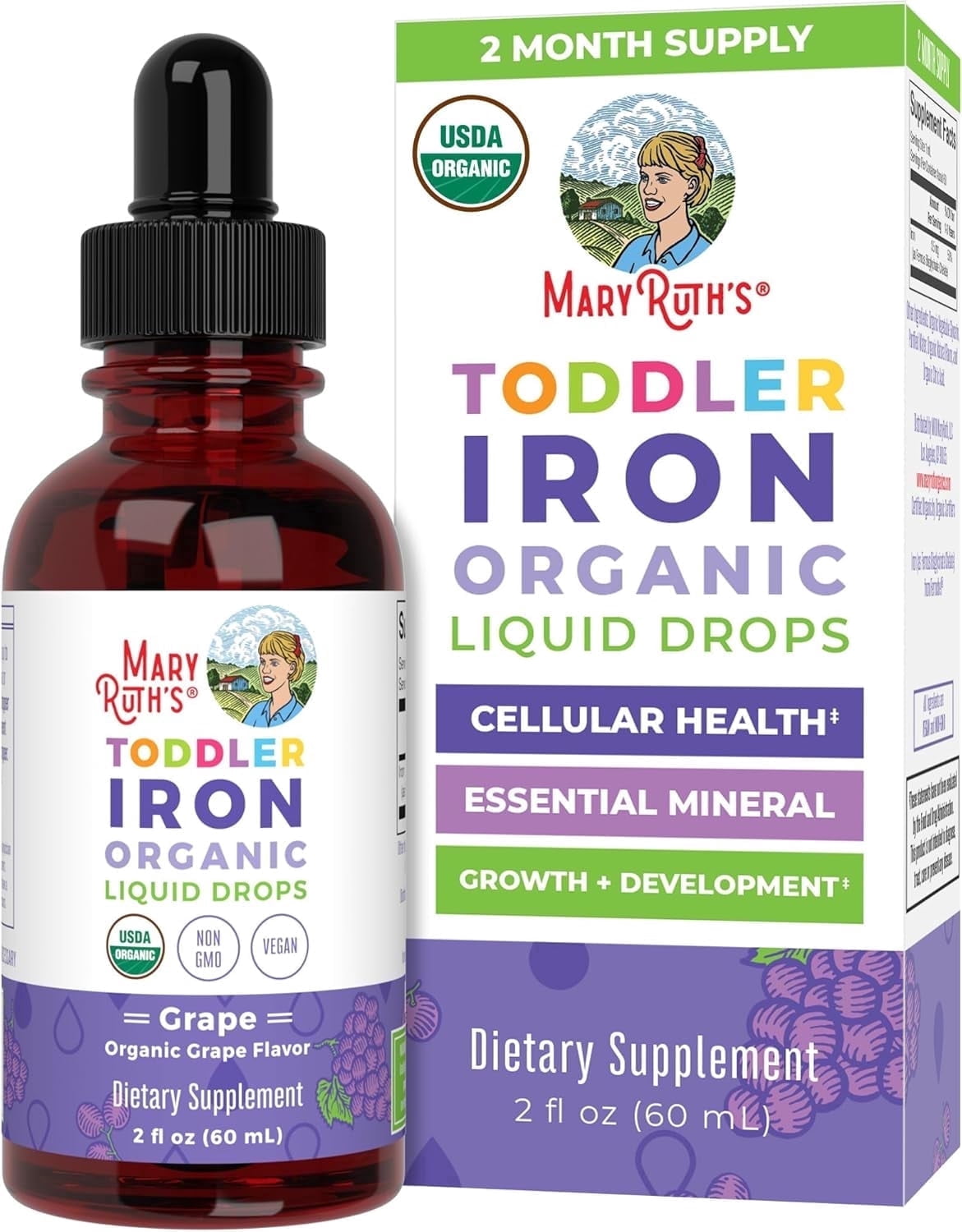 MaryRuth's USDA Organic Toddler Iron Liquid Drops for Ages 1-3, Grape, 2 oz