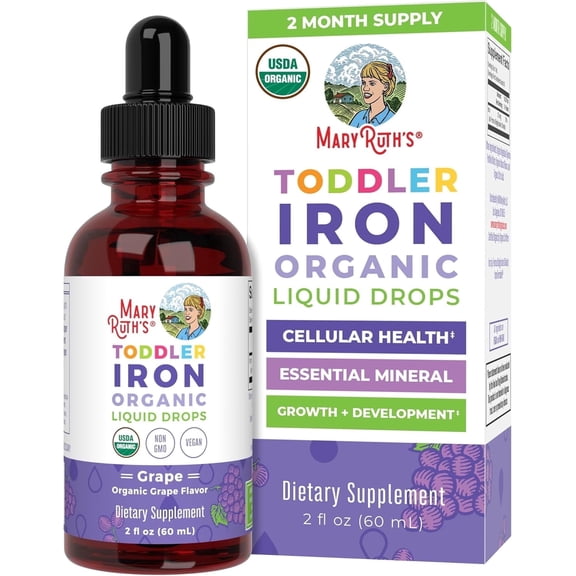 MaryRuth's Liquid Iron Drops for Toddlers Ages 1-3, USDA Organic, Cellular Metabolism Overall Health, Vegan Gluten-Free, Unisex, Grape Flavor, 2 fl oz