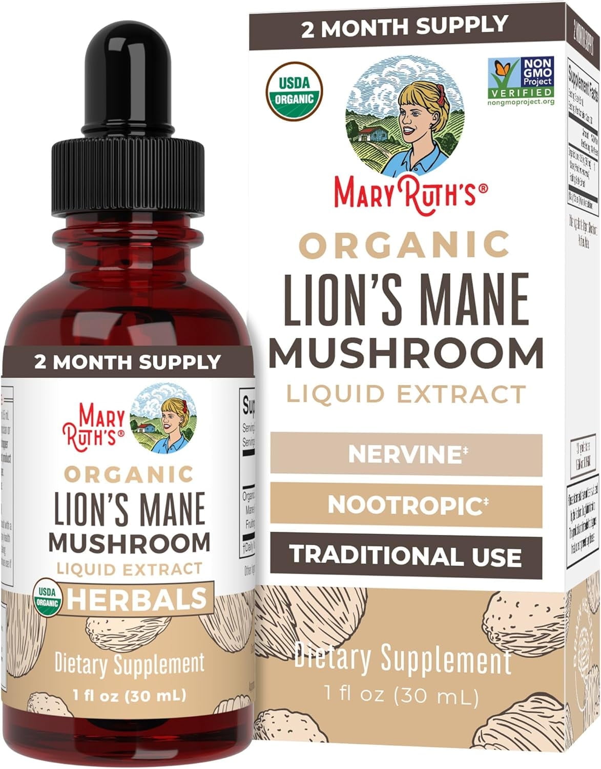 MaryRuth's USDA Organic Lions Mane Mushroom Liquid Drops Nootropic Herbal Supplement Vegan, Non-GMO 1 fl oz / 30 mL