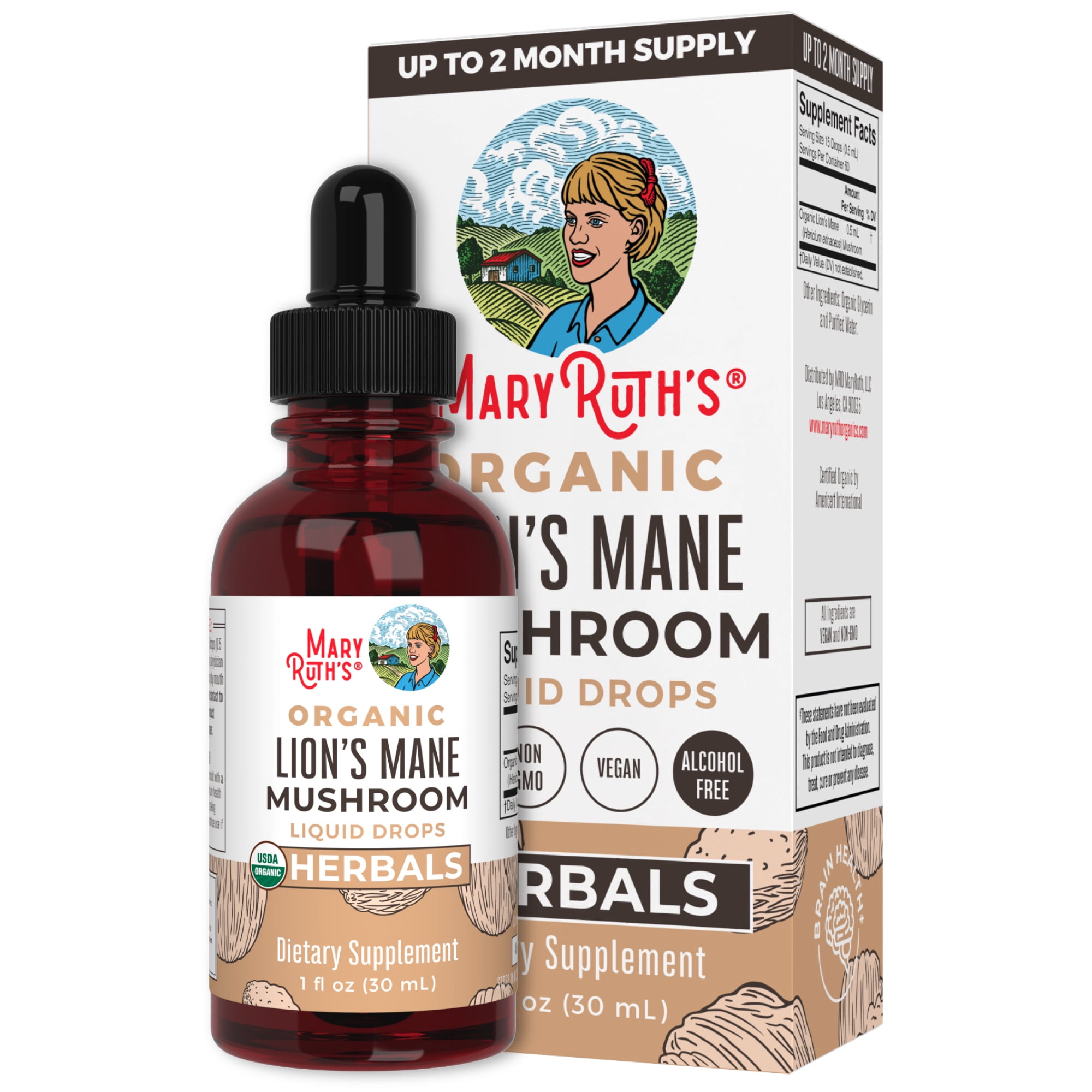 MaryRuths | USDA Organic Lion&rsquo;s Mane Mushroom Liquid Drops | Nootropic Herbal Supplement | Vegan, Non-GMO | 1 fl oz  30 mL