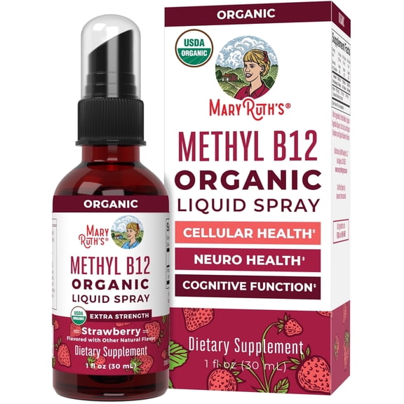 MaryRuth Organics Methyl Vitamin B12 Letter Vitamins Liquid Spray USDA Organic Strawberry Vegan Dairy-Free Gluten-Free Sugar-Free 1-Count 1 fl oz