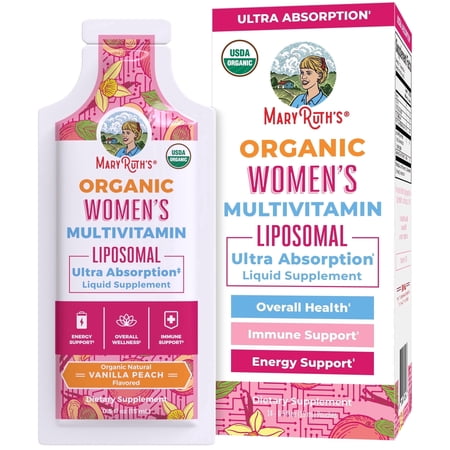 MaryRuth's Multivitamin Liposomal for Women Ages 18+, USDA Organic, Vanilla Peach Flavor Vegan Sugar-Free Travel Pack 14-pack 0.5 fl oz