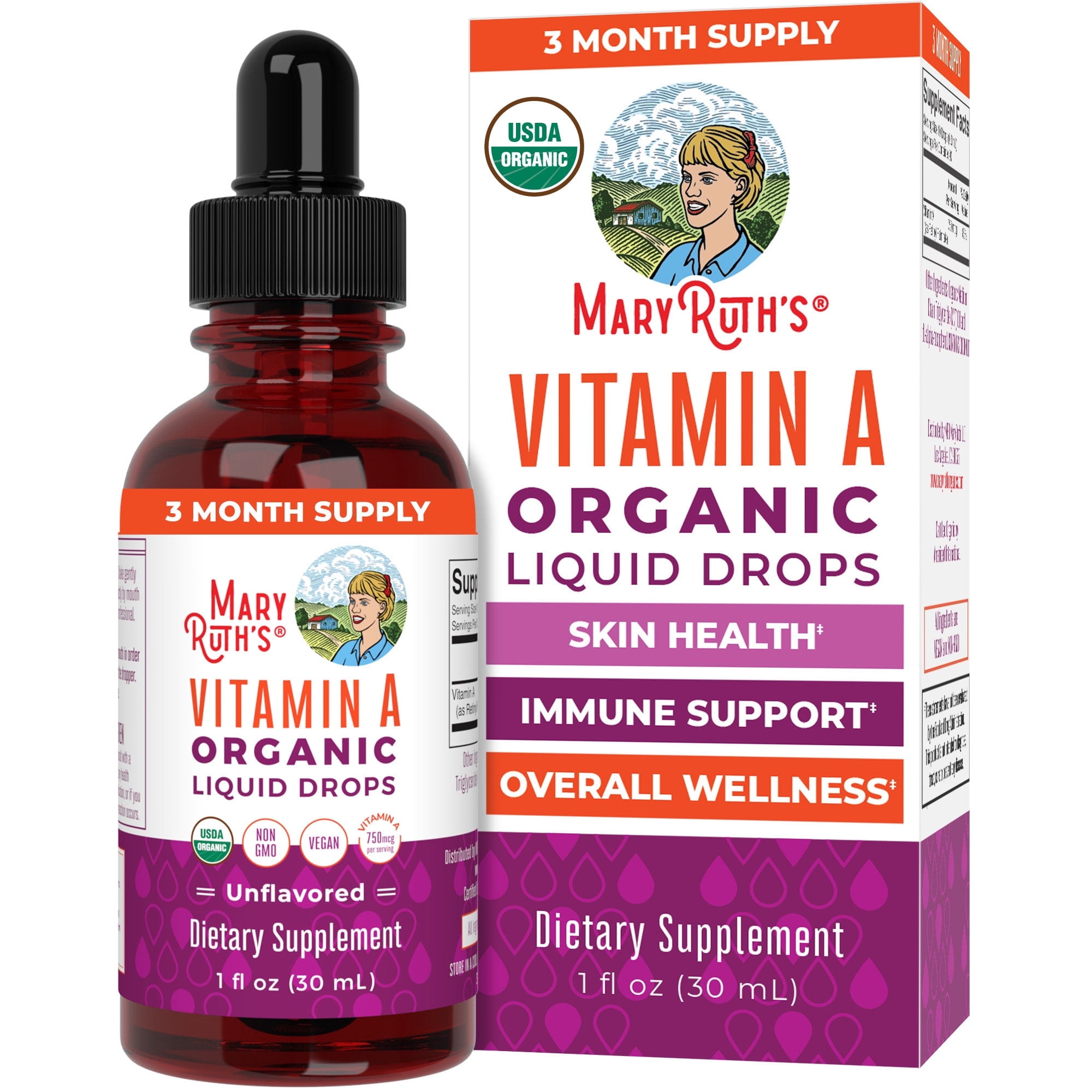 MaryRuths USDA Organic Vitamin A Liquid Drops for Ages 14+ Sugar Free Vegan Non-GMO 1oz Unisex