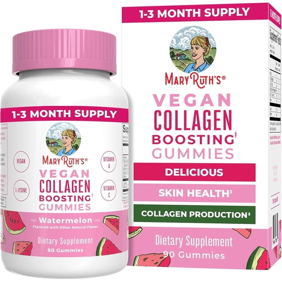 MaryRuth's Vegan Collagen Boosting Gummies for Hair, Skin & Nail Health, Sugar Free, Watermelon Flavor, 90 Count