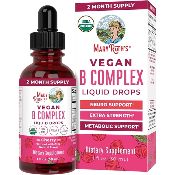 MaryRuth's Vegan Vitamin B Complex Liquid Drops, Cherry Flavor, Non-GMO, USDA Organic, 1 fl