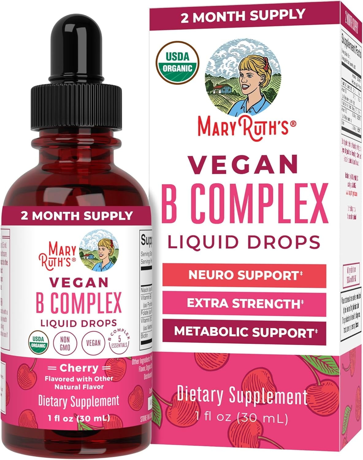 MaryRuth's Vegan Vitamin B Complex Liquid Drops, Cherry Flavor, Non-GMO, USDA Organic, 1 fl