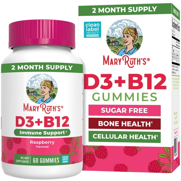 MaryRuth's Vitamin D3 + B12 Gummies Bone Health & Immune Support Sugar Free Vegan Ages 4+ Unisex Raspberry Flavor 60 Gummies