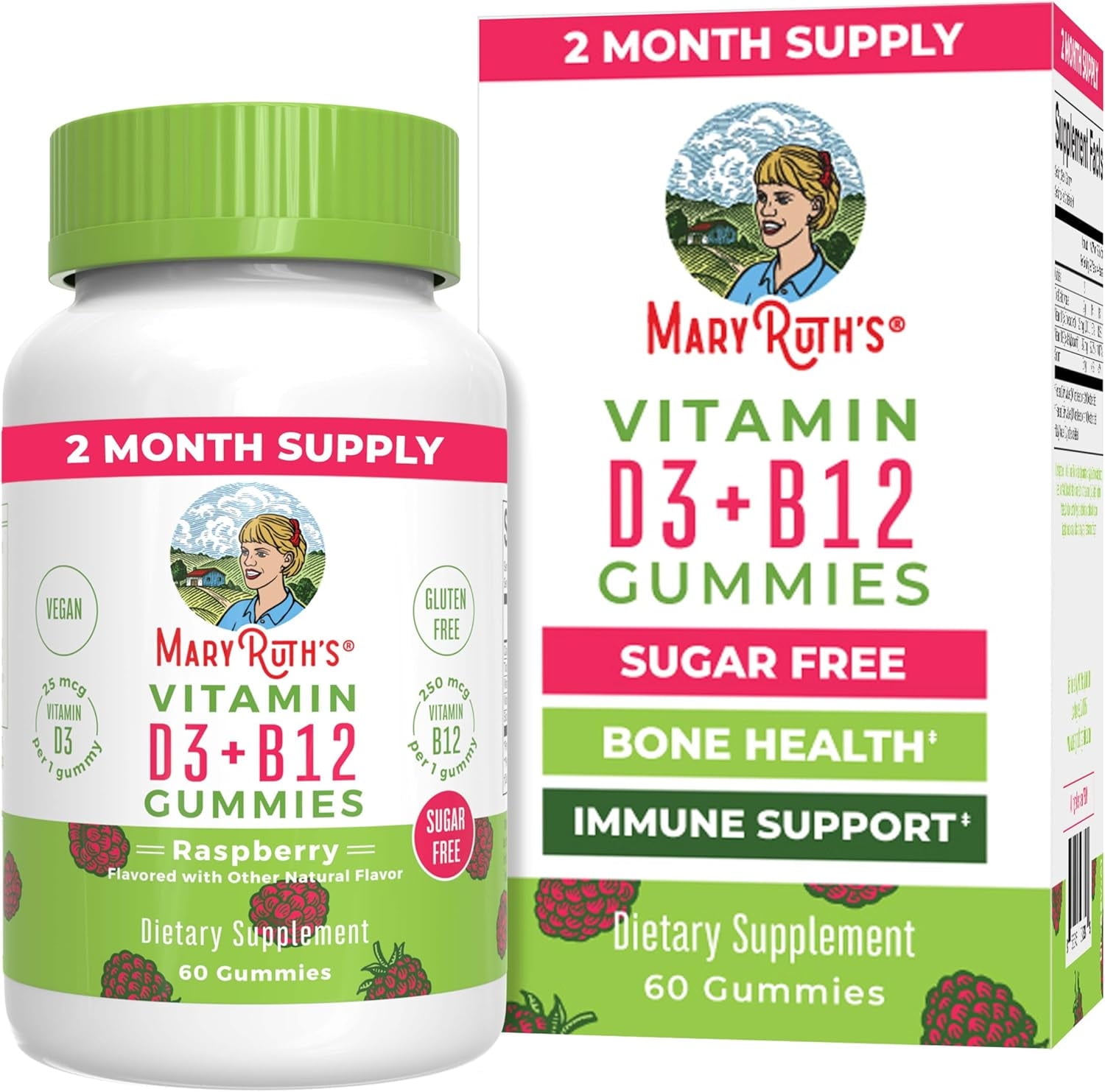 MaryRuth's Vitamin D3 + B12 Gummies Bone Health & Immune Support Sugar Free, Vegan Raspberry (60 Gummies)