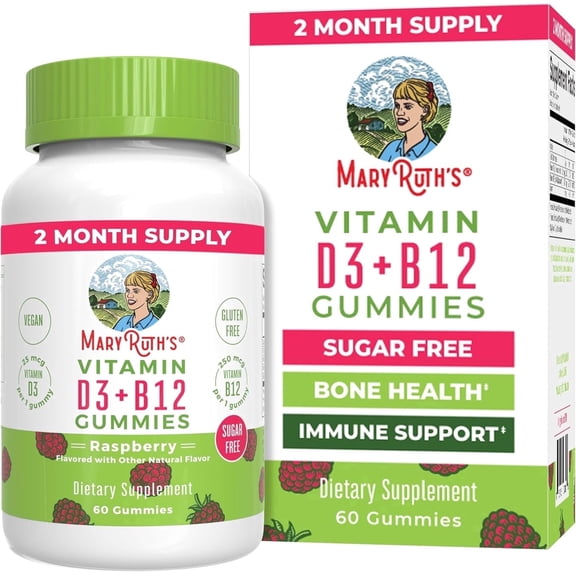 MaryRuth's Vitamin D3 + B12 Gummies Bone Health & Immune Support Sugar Free Vegan Raspberry 60 Gummies