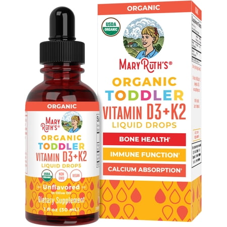 MaryRuth's Vitamin D3 + K2 Liquid Drops for Toddlers Ages 1 to 3, Bone Health, Immune Support, USDA Organic, Non-GMO, Vegan, Unflavored, 1 fl oz