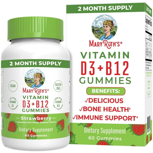 MaryRuth's Vitamin D3 + B12 Gummies for Adults & Kids, Strawberry Flavor, Vegan, Non-GMO, 60 Servings