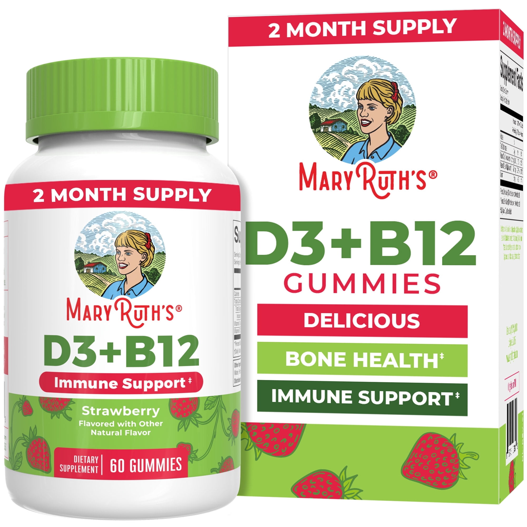 MaryRuth's Vitamin D3 + B12 Gummies Strawberry Flavor, Vegan, Non-GMO, for Adults & Kids, 60 Count