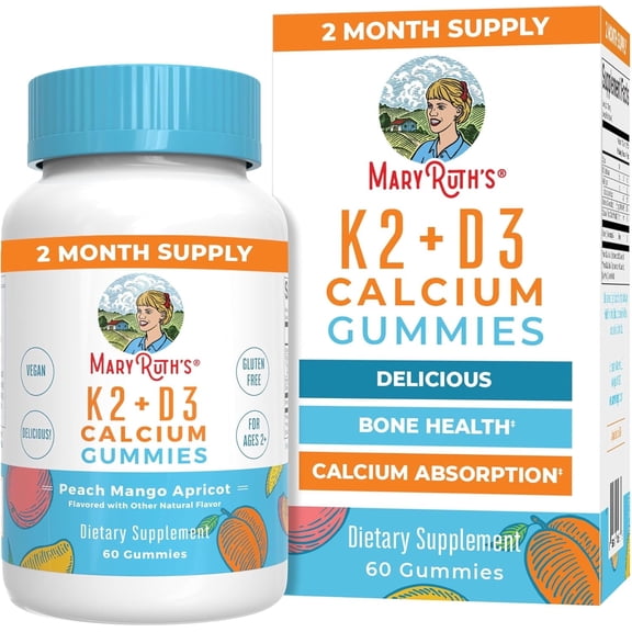 MaryRuth's Vitamin K2+D3 Calcium Gummies, Peach Mango & Apricot, Gluten-Free Vegan, 60 Count