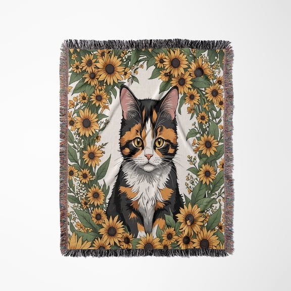 Maryland Calico Cat And Black Eyed Susan Flowers 1, Woven Blanket