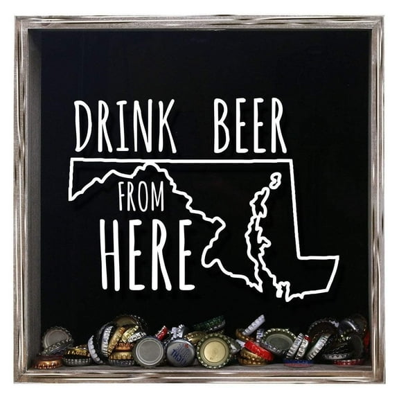 TORCHED Maryland Drink Beer Cap Shadow Box 14"x14"x5" | Wall Mount Decor | Gray