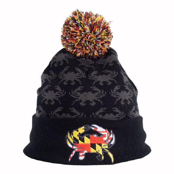 Maryland Embroidered Crab Pom Black Beanie Cap Hat