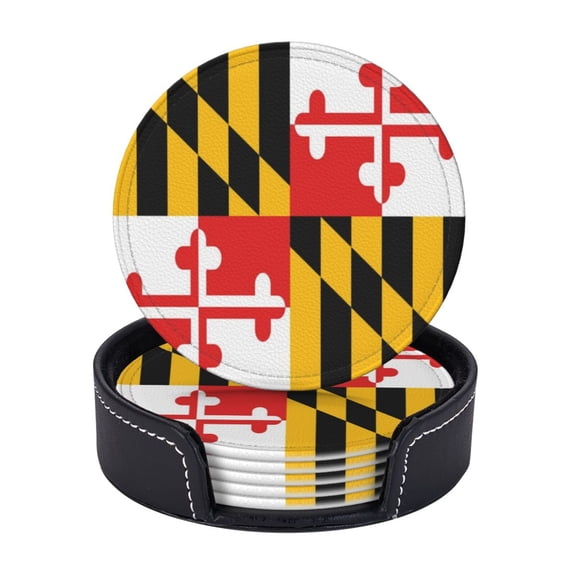 Maryland Flag Coasters With Leather Holder Set Of 6 Round Coasters for Home and Kitchen Decor