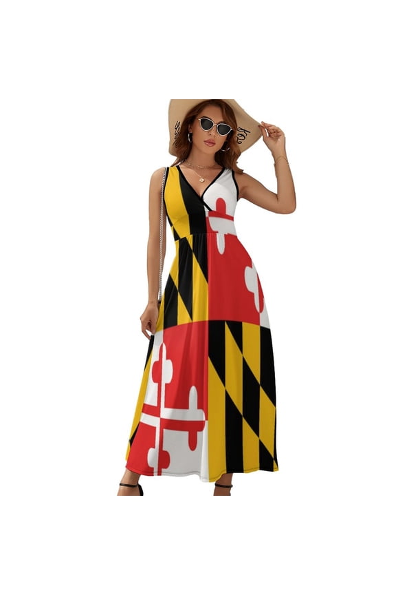 Maryland Flag Dress Summer Street Style Bohemia Long Dresses Female Sleeveless Printed Maxi Dress