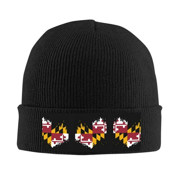 Maryland Flag Heart Winter Beanie Hats for Men Women Warm Cozy Knitted Cuffed Skull Cap Black
