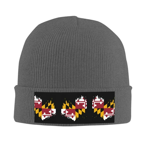 Maryland Flag Heart Winter Beanie Hats for Men Women Warm Cozy Knitted Cuffed Skull Cap Deep Heather