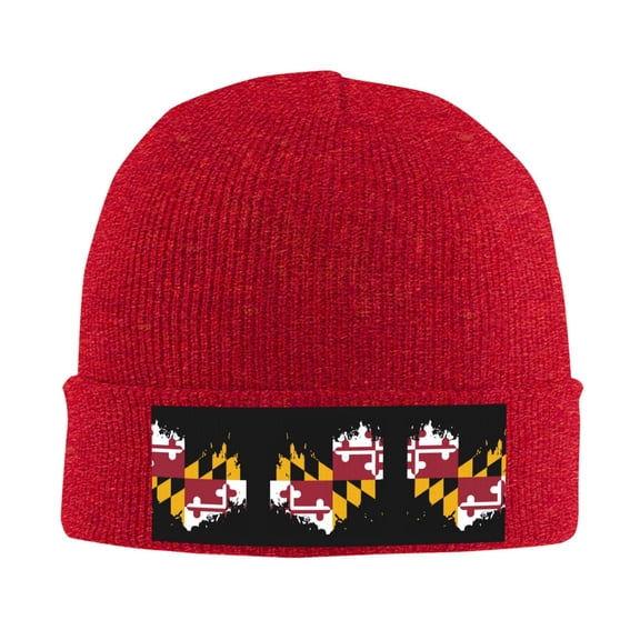 Maryland Flag Heart Winter Beanie Hats for Men Women Warm Cozy Knitted Cuffed Skull Cap Red