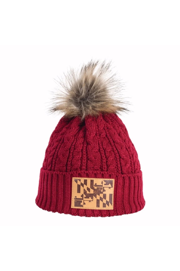 Maryland Flag Leather Patch Pom Red Beanie Cap Hat