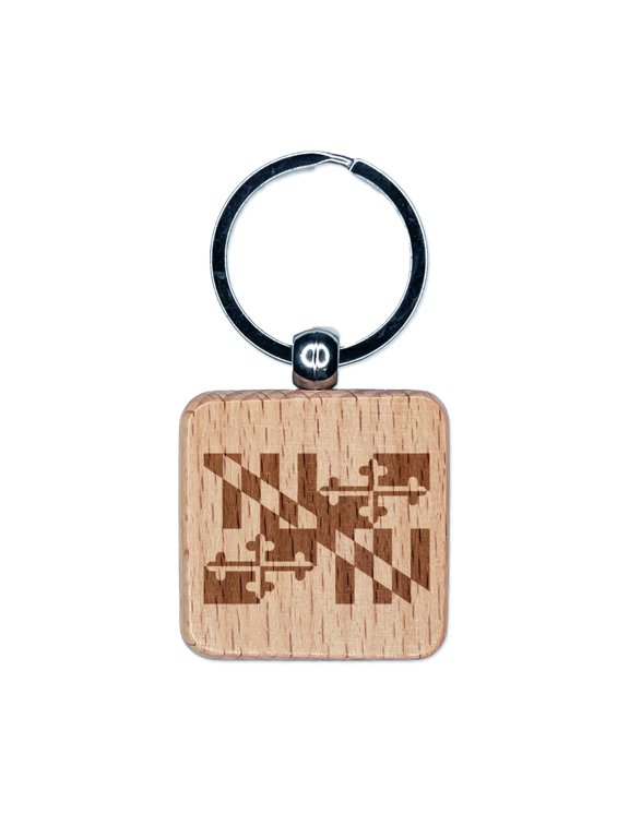 Maryland Flag Square Keychain Charm Tag - Engraved Wood