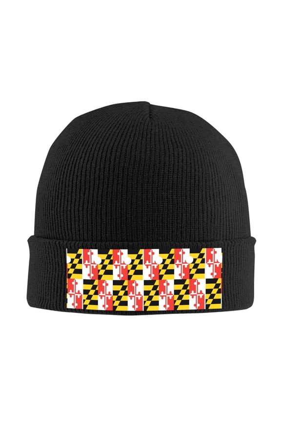 Maryland Flag Winter Beanie Hats for Men Women Warm Cozy Knitted Cuffed Skull Cap Black